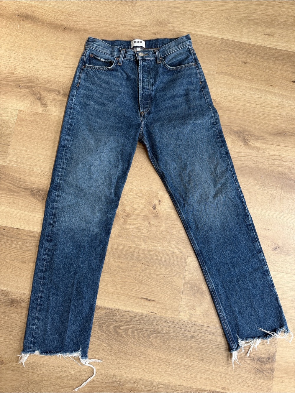 Agolde Women’s Dark Blue Straight Jeans with Frayed Hem